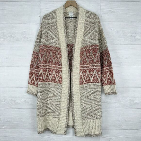 Joie Open Front Longline Cardigan Women S Nordic Knit Cream Red Cozy Fair Isle - Picture 1 of 14
